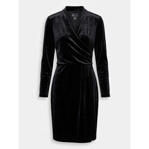 KS Collection Black Velvet Faux Wrap Dress Long Sleeve Y2K Surplice Midi 14 NWT